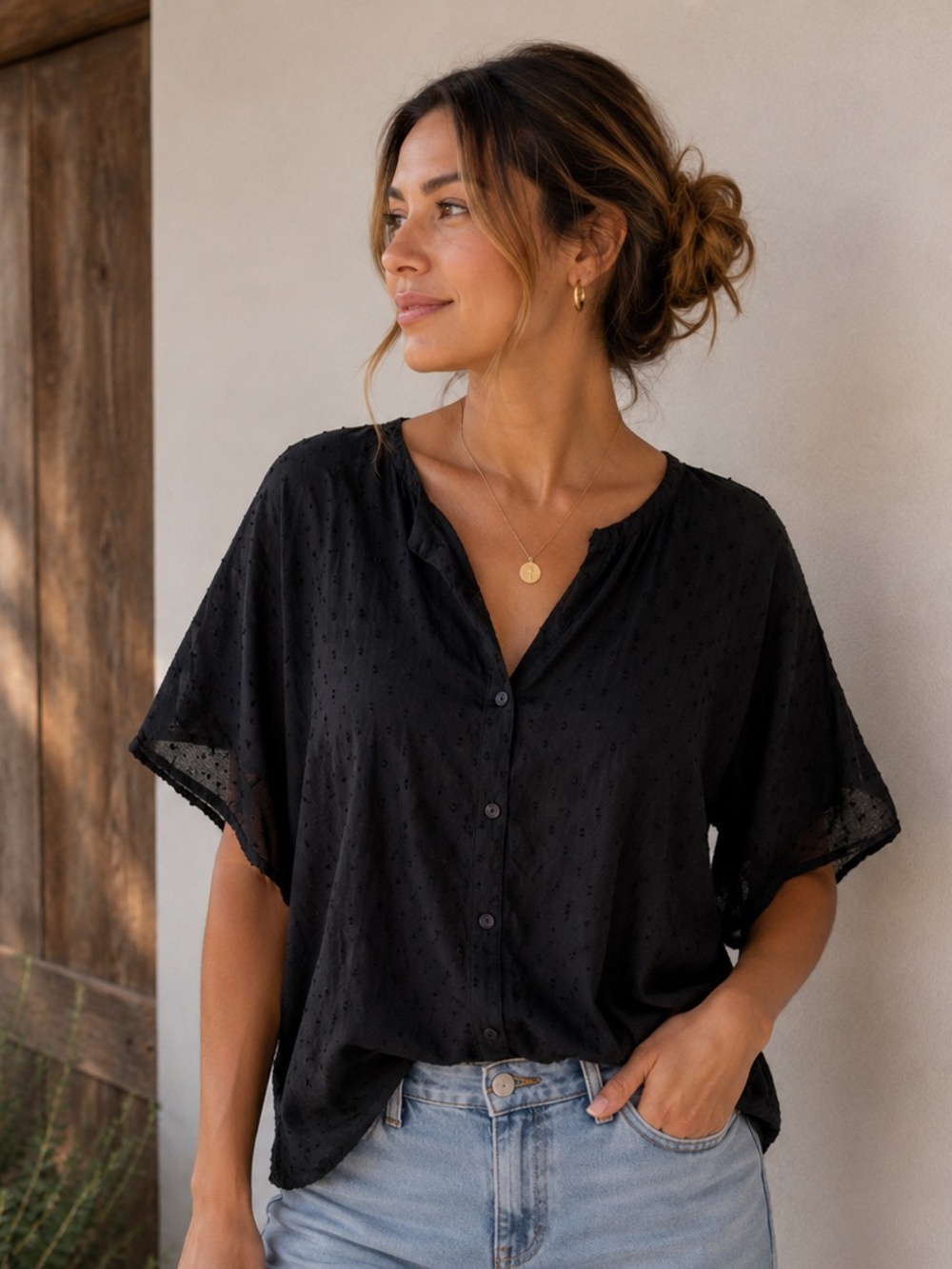 Curation Emerson Fry OS black cotton lightweight blouse textured fabric, VCUG